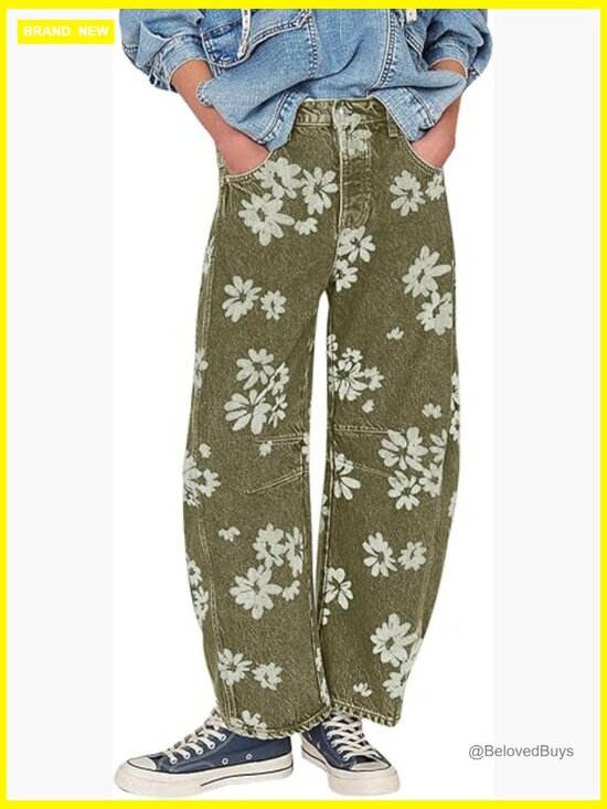 Denim - Y2k Distressed Barrel Jeans Baggy Wide Leg Floral Printed Boyfriend Patchwork